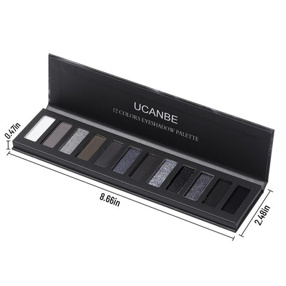 UCANBE Smokey Eyeshadow Palette - 12 Color Dark Black White Gray Silver Matte & Shimmer Eye Shadow for Smoky Emo Goth Makeup, Long Lasting Waterproof
