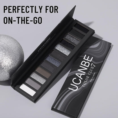 UCANBE Smokey Eyeshadow Palette - 12 Color Dark Black White Gray Silver Matte & Shimmer Eye Shadow for Smoky Emo Goth Makeup, Long Lasting Waterproof