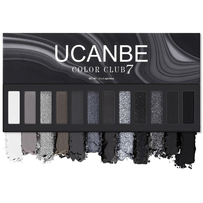UCANBE Smokey Eyeshadow Palette - 12 Color Dark Black White Gray Silver Matte & Shimmer Eye Shadow for Smoky Emo Goth Makeup, Long Lasting Waterproof