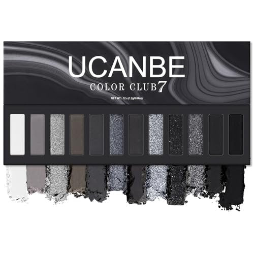 UCANBE Smokey Eyeshadow Palette - 12 Color Dark Black White Gray Silver Matte & Shimmer Eye Shadow for Smoky Emo Goth Makeup, Long Lasting Waterproof - görsel 2
