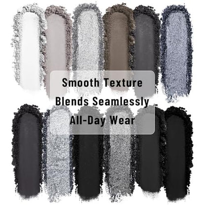 UCANBE Smokey Eyeshadow Palette - 12 Color Dark Black White Gray Silver Matte & Shimmer Eye Shadow for Smoky Emo Goth Makeup, Long Lasting Waterproof