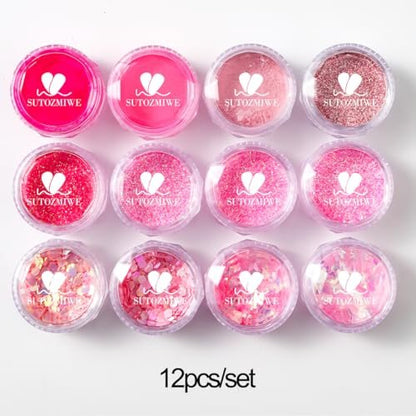 12-Color Pink Nail Glitter Powder Set - Holographic Sequins & Sparkle Flakes for Acrylic Nails Manicure Decorations