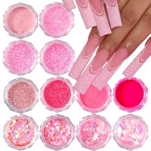 12-Color Pink Nail Glitter Powder Set - Holographic Sequins & Sparkle Flakes for Acrylic Nails Manicure Decorations - görsel 2