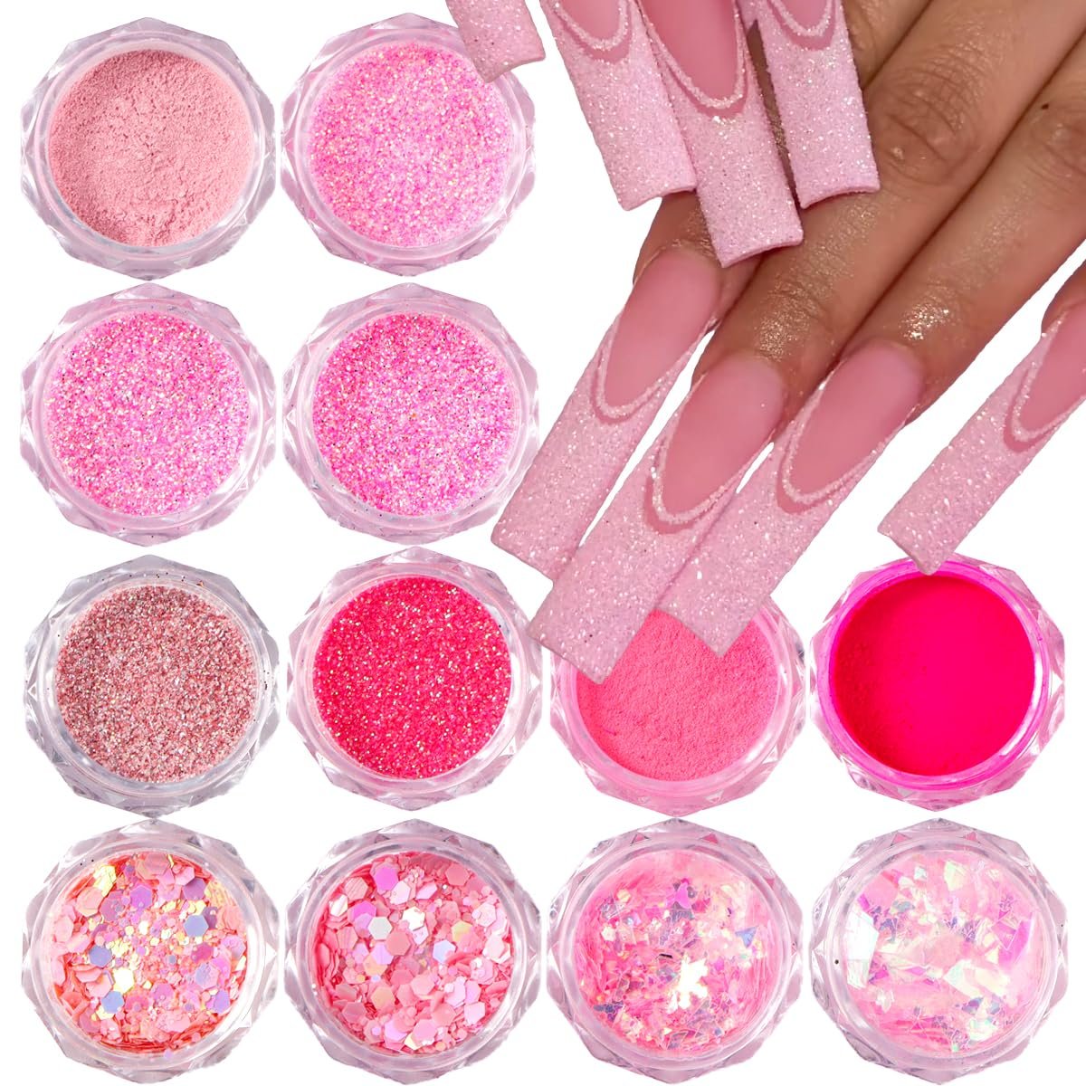 12-Color Pink Nail Glitter Powder Set - Holographic Sequins & Sparkle Flakes for Acrylic Nails Manicure Decorations - görsel 1