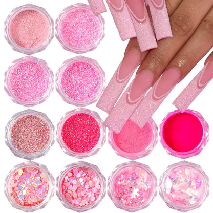 12-Color Pink Nail Glitter Powder Set - Holographic Sequins & Sparkle Flakes for Acrylic Nails Manicure Decorations