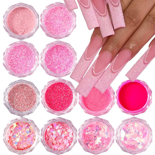 12-Color Pink Nail Glitter Powder Set - Holographic Sequins & Sparkle Flakes for Acrylic Nails Manicure Decorations