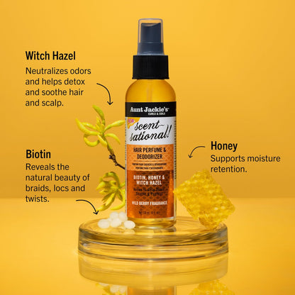 Aunt Jackie’s Braid + Twist Collection Scent-Sational Hair Perfume & Deodorizer – Neutralize Odors and Refresh Hair with Witch Hazel, Biotin, and Honey – 4 fl oz