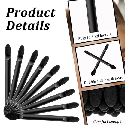 50 PCS Disposable Eyeshadow Applicator Brushes – Double Head Dual Sided Flat Handle Black – Bulk Eyeshadow Brush Set for Makeup Application