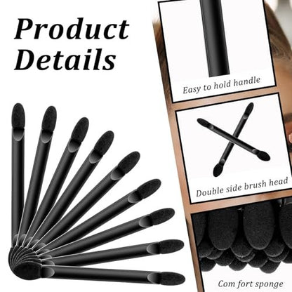 50 PCS Disposable Eyeshadow Applicator Brushes – Double Head Dual Sided Flat Handle Black – Bulk Eyeshadow Brush Set for Makeup Application