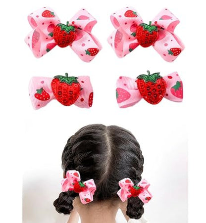 AACKS 4-Piece Strawberry Hair Bows & Snap Barrettes for Little Girls – Toddler Strawberry Hair Accessories Set