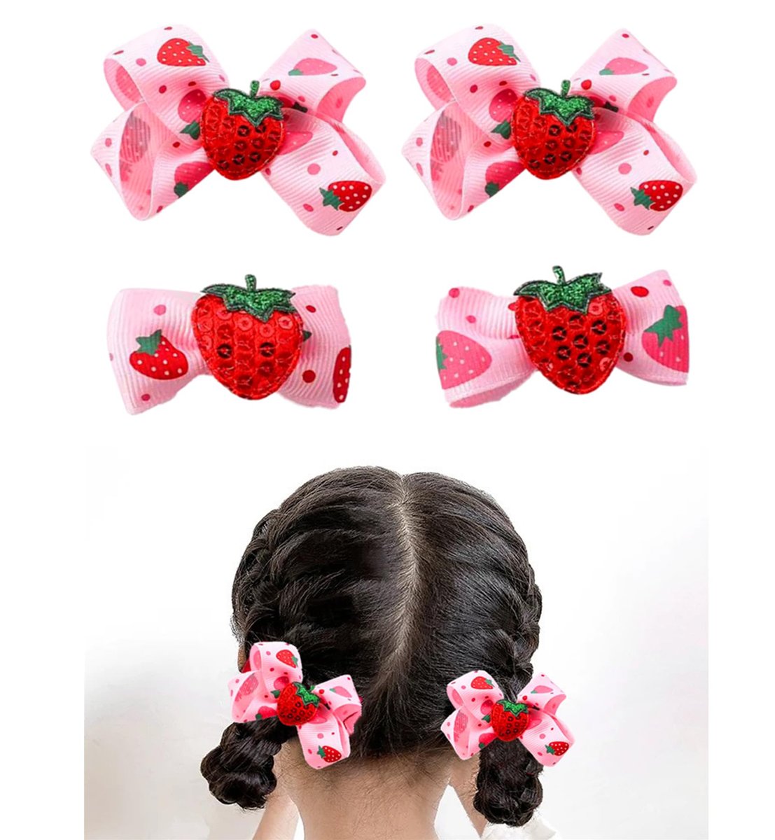 AACKS 4-Piece Strawberry Hair Bows & Snap Barrettes for Little Girls – Toddler Strawberry Hair Accessories Set - görsel 1