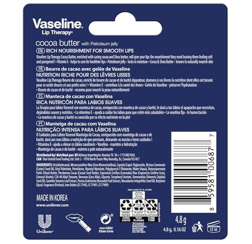Vaseline Lip Therapy Cocoa Butter Lip Balm, 6 Pack, 0.16 oz Each Avelisse