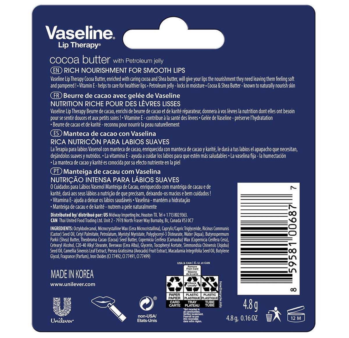 Vaseline Lip Therapy Cocoa Butter Lip Balm, 6 Pack, 0.16 oz Each Avelisse