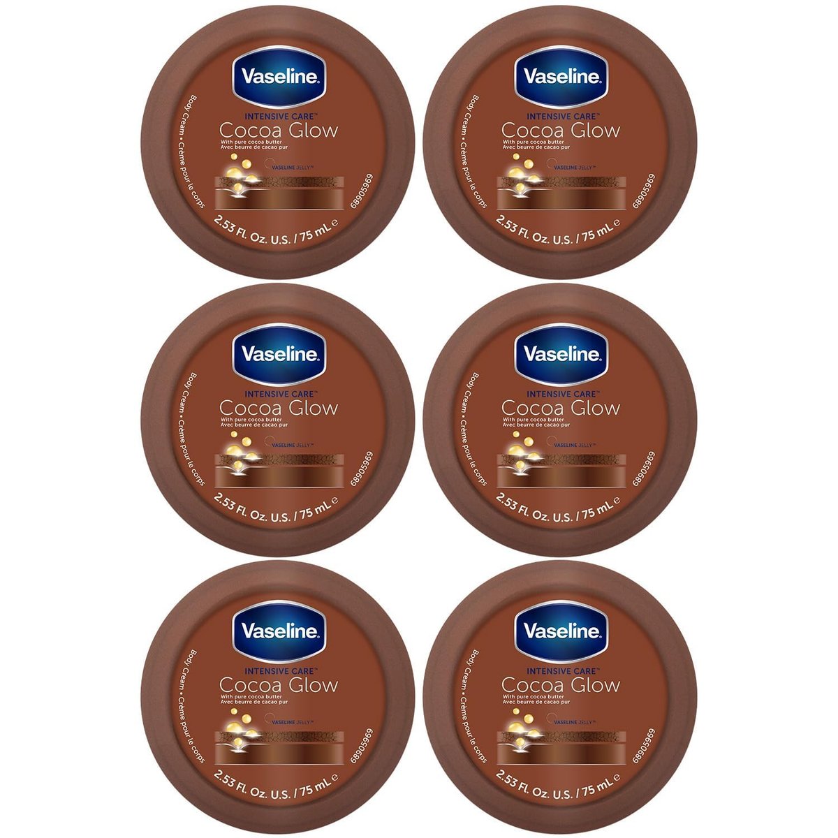 Vaseline Cocoa Glow Body Cream 6-Pack – Pure Cocoa Butter 48H Moisturizing Cream for Dry Skin, Travel-Size, 2.53 Fl Oz Each Avelisse