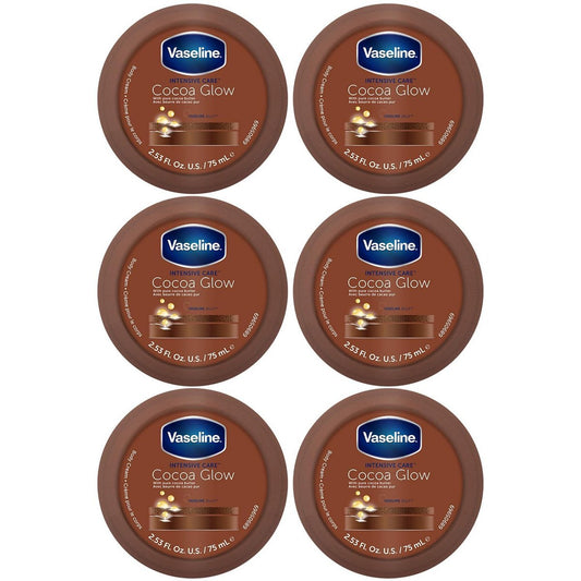 Vaseline Cocoa Glow Body Cream 6-Pack – Pure Cocoa Butter 48H Moisturizing Cream for Dry Skin, Travel-Size, 2.53 Fl Oz Each Avelisse