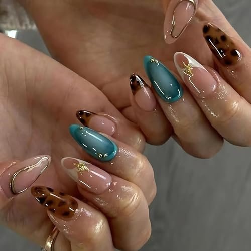 Jremg Press on Nails Medium Almond Brown Leopard French Tip with 3D Gold Star Charms - Full Cover False Nails Blue White Gradient - 24pcs - görsel 2
