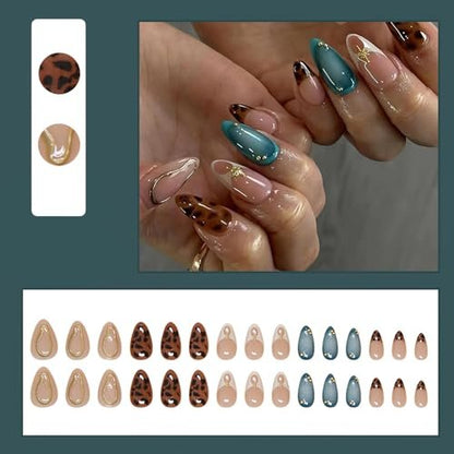 Jremg Press on Nails Medium Almond Brown Leopard French Tip with 3D Gold Star Charms - Full Cover False Nails Blue White Gradient - 24pcs