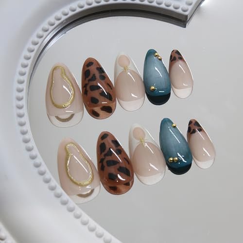 Jremg Press on Nails Medium Almond Brown Leopard French Tip with 3D Gold Star Charms - Full Cover False Nails Blue White Gradient - 24pcs - görsel 6