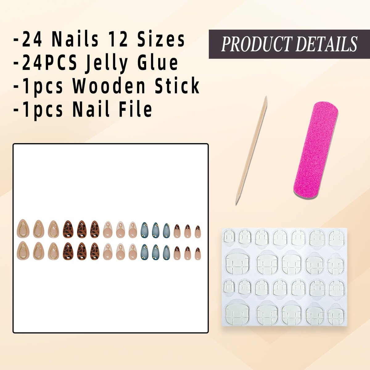 Jremg Press on Nails Medium Almond Brown Leopard French Tip with 3D Gold Star Charms - Full Cover False Nails Blue White Gradient - 24pcs - görsel 3
