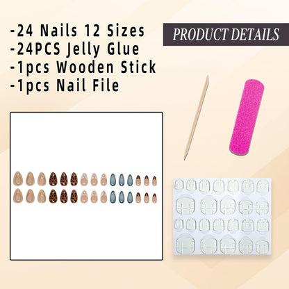 Jremg Press on Nails Medium Almond Brown Leopard French Tip with 3D Gold Star Charms - Full Cover False Nails Blue White Gradient - 24pcs