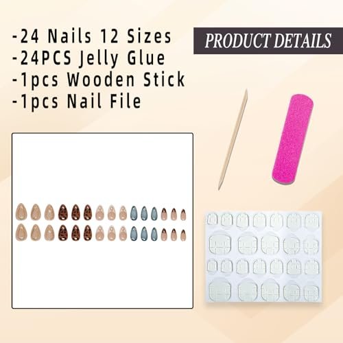 Jremg Press on Nails Medium Almond Brown Leopard French Tip with 3D Gold Star Charms - Full Cover False Nails Blue White Gradient - 24pcs - görsel 4