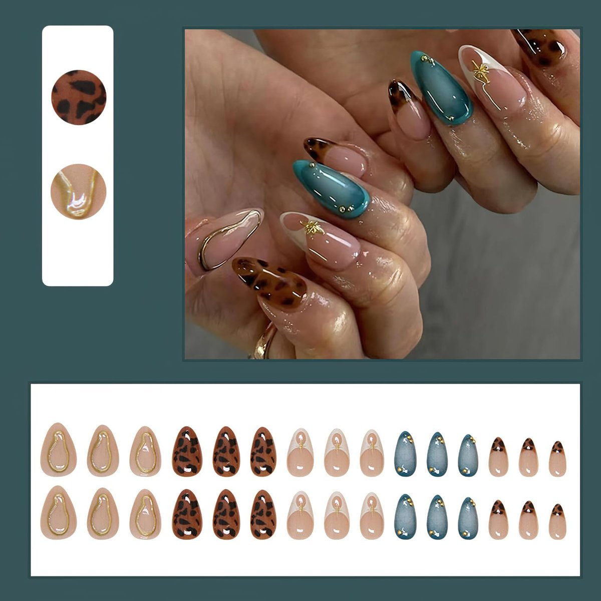 Jremg Press on Nails Medium Almond Brown Leopard French Tip with 3D Gold Star Charms - Full Cover False Nails Blue White Gradient - 24pcs - görsel 9