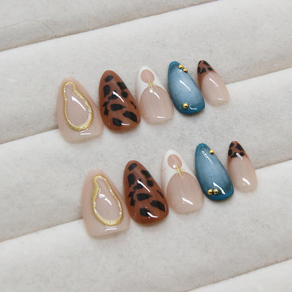 Jremg Press on Nails Medium Almond Brown Leopard French Tip with 3D Gold Star Charms - Full Cover False Nails Blue White Gradient - 24pcs