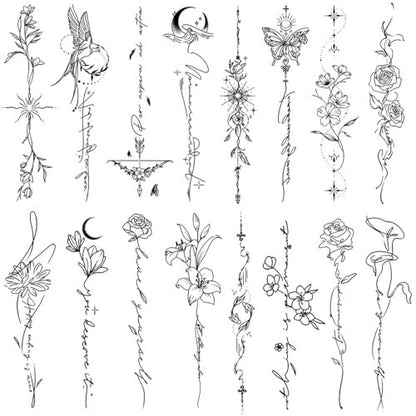 CHARLENT 45 Pcs Temporary Tattoos for Women Girls - Minimal Line Art Flower Words Sketch Realistic Long Lasting Waterproof Fake Tattoos for Arm Back Leg Body