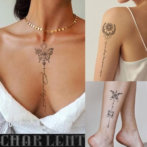 CHARLENT 45 Pcs Temporary Tattoos for Women Girls - Minimal Line Art Flower Words Sketch Realistic Long Lasting Waterproof Fake Tattoos for Arm Back Leg Body - görsel 6