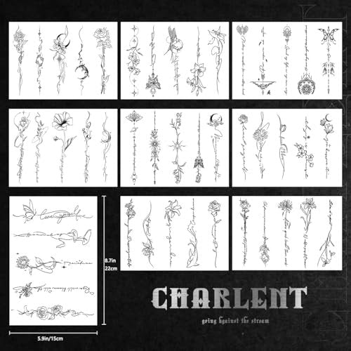 CHARLENT 45 Pcs Temporary Tattoos for Women Girls - Minimal Line Art Flower Words Sketch Realistic Long Lasting Waterproof Fake Tattoos for Arm Back Leg Body - görsel 4