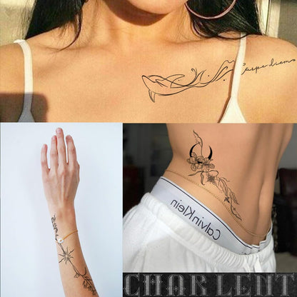 CHARLENT 45 Pcs Temporary Tattoos for Women Girls - Minimal Line Art Flower Words Sketch Realistic Long Lasting Waterproof Fake Tattoos for Arm Back Leg Body
