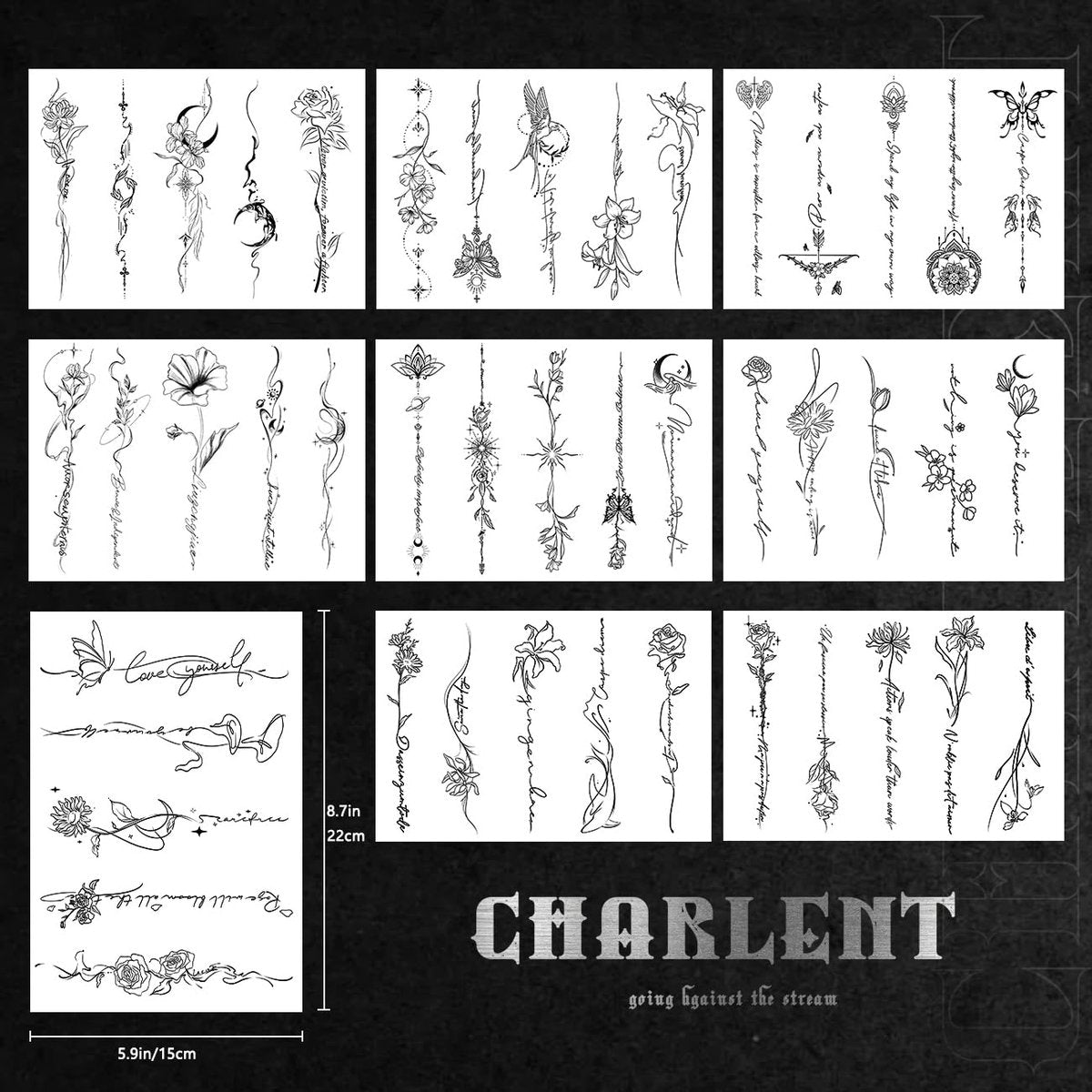 CHARLENT 45 Pcs Temporary Tattoos for Women Girls - Minimal Line Art Flower Words Sketch Realistic Long Lasting Waterproof Fake Tattoos for Arm Back Leg Body - görsel 3