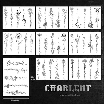 CHARLENT 45 Pcs Temporary Tattoos for Women Girls - Minimal Line Art Flower Words Sketch Realistic Long Lasting Waterproof Fake Tattoos for Arm Back Leg Body