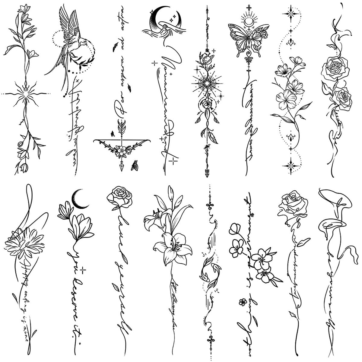 CHARLENT 45 Pcs Temporary Tattoos for Women Girls - Minimal Line Art Flower Words Sketch Realistic Long Lasting Waterproof Fake Tattoos for Arm Back Leg Body - görsel 1