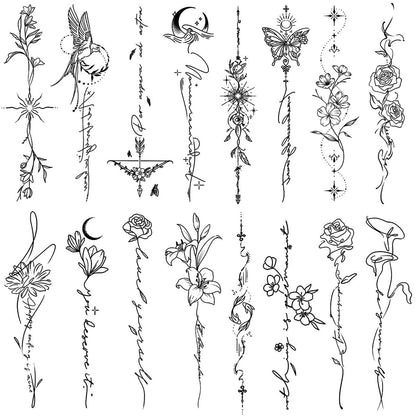 CHARLENT 45 Pcs Temporary Tattoos for Women Girls - Minimal Line Art Flower Words Sketch Realistic Long Lasting Waterproof Fake Tattoos for Arm Back Leg Body