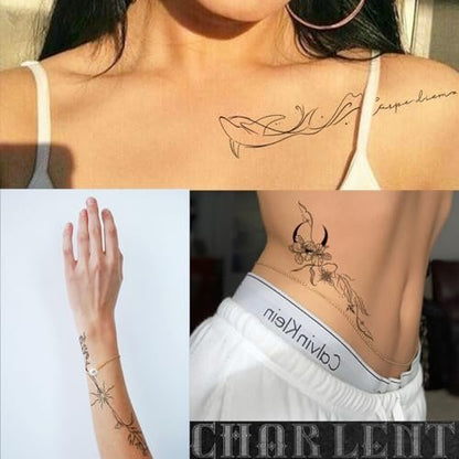 CHARLENT 45 Pcs Temporary Tattoos for Women Girls - Minimal Line Art Flower Words Sketch Realistic Long Lasting Waterproof Fake Tattoos for Arm Back Leg Body