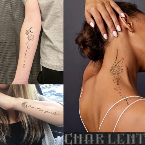 CHARLENT 45 Pcs Temporary Tattoos for Women Girls - Minimal Line Art Flower Words Sketch Realistic Long Lasting Waterproof Fake Tattoos for Arm Back Leg Body - görsel 8