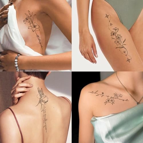 CHARLENT 45 Pcs Temporary Tattoos for Women Girls - Minimal Line Art Flower Words Sketch Realistic Long Lasting Waterproof Fake Tattoos for Arm Back Leg Body - görsel 10
