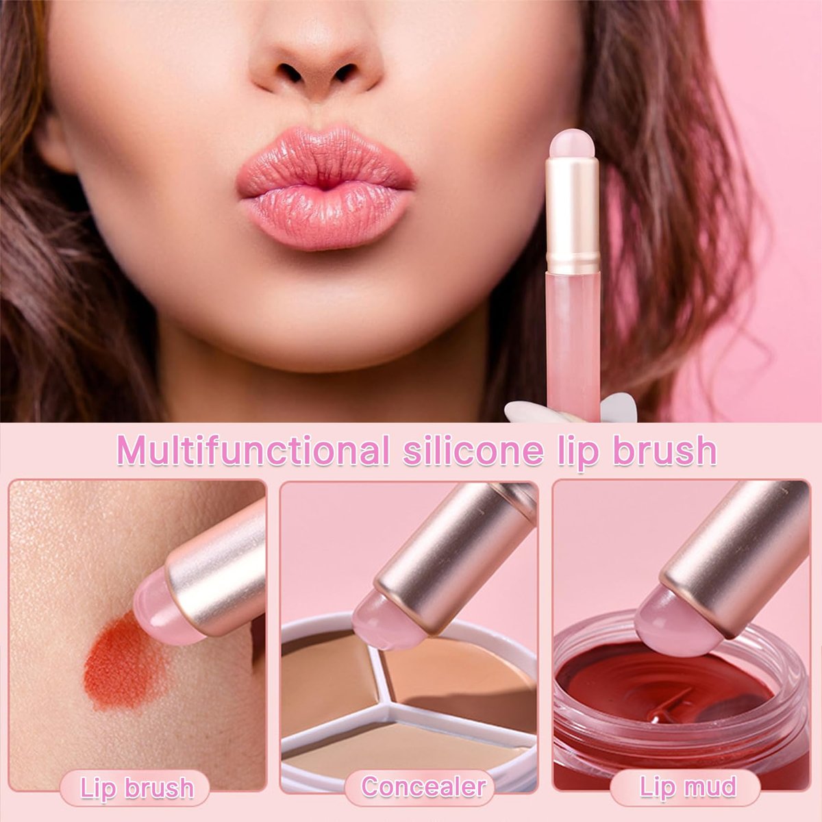2-Pack Silicone Lip Brushes for Lipstick - Pink, Precision Lip Makeup Applicator with Lid - görsel 8