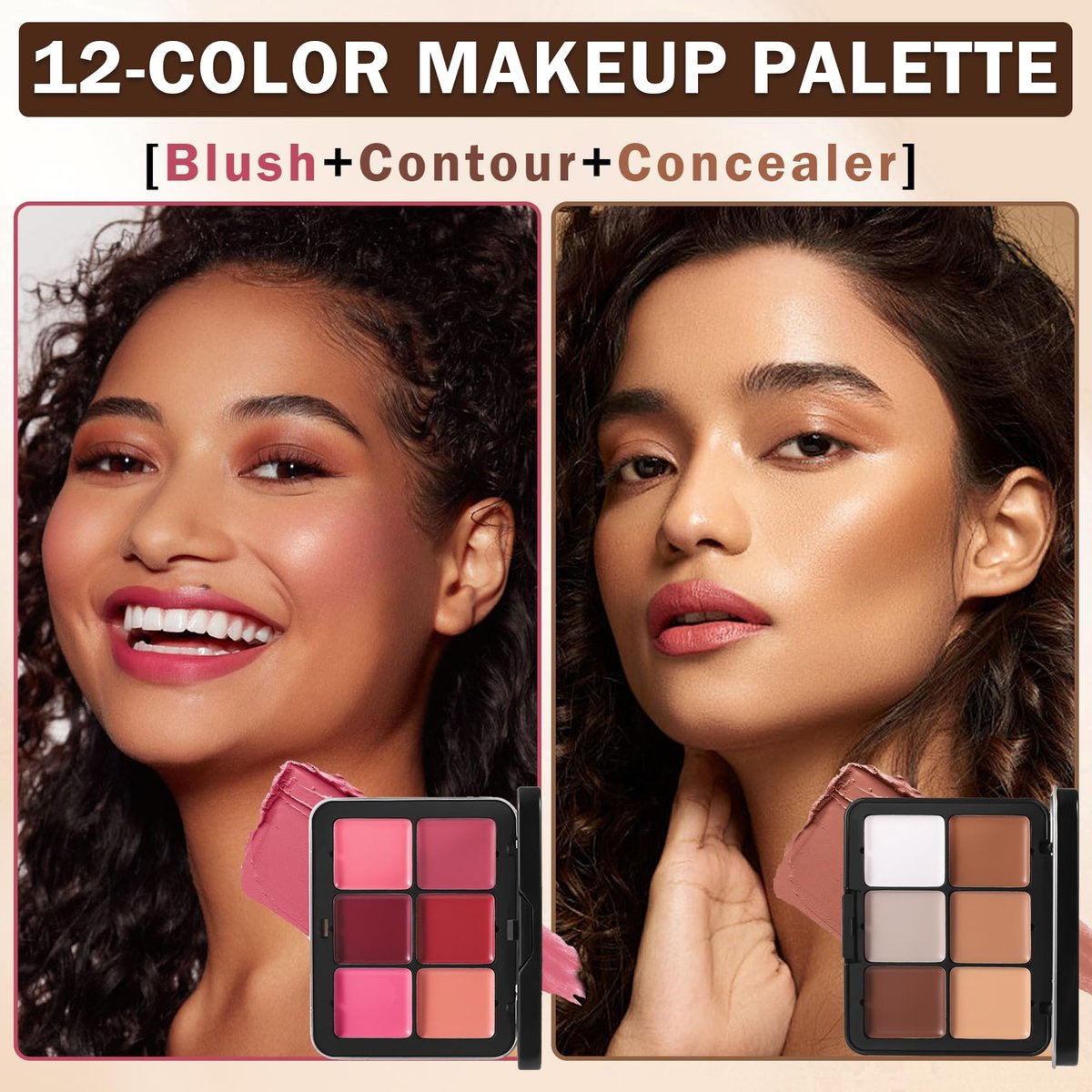 AOAZXBB 12 Colors Cream Blush Palette - Natural Matte Face Makeup with Brush - görsel 3