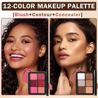 AOAZXBB 12 Colors Cream Blush Palette - Natural Matte Face Makeup with Brush
