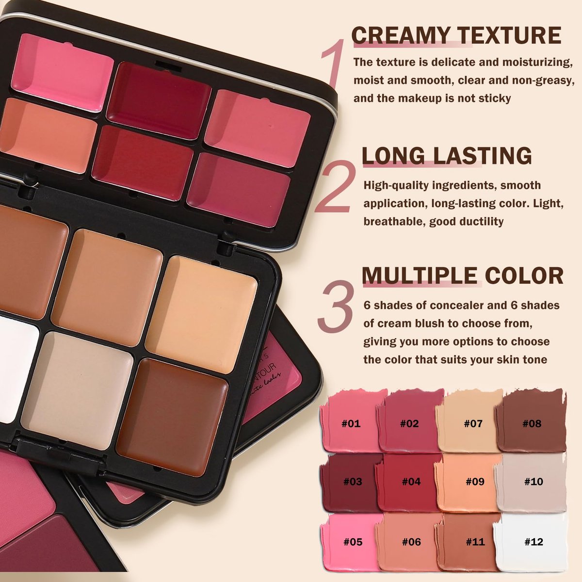 AOAZXBB 12 Colors Cream Blush Palette - Natural Matte Face Makeup with Brush - görsel 7