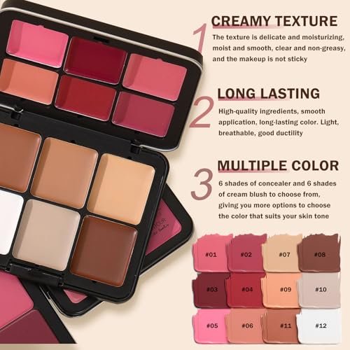 AOAZXBB 12 Colors Cream Blush Palette - Natural Matte Face Makeup with Brush - görsel 8