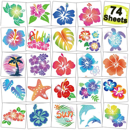 CHARLENT Glitter Hibiscus Temporary Tattoos – 74 Sheets Hawaii Flower Tattoos for Aloha Party Decor, Kids & Women