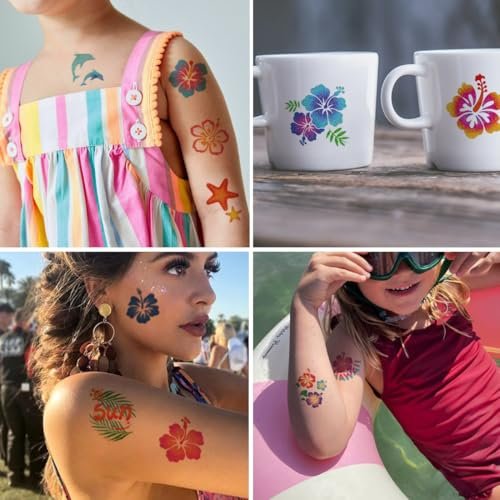 CHARLENT Glitter Hibiscus Temporary Tattoos – 74 Sheets Hawaii Flower Tattoos for Aloha Party Decor, Kids & Women - görsel 6