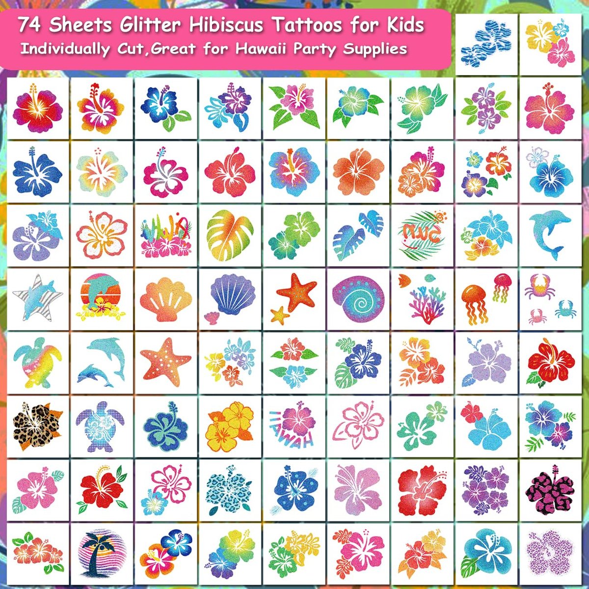 CHARLENT Glitter Hibiscus Temporary Tattoos – 74 Sheets Hawaii Flower Tattoos for Aloha Party Decor, Kids & Women - görsel 3