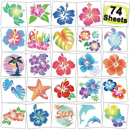 CHARLENT Glitter Hibiscus Temporary Tattoos – 74 Sheets Hawaii Flower Tattoos for Aloha Party Decor, Kids & Women