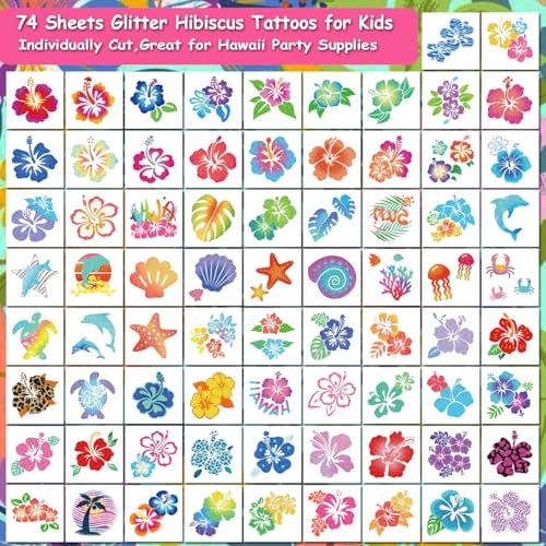CHARLENT Glitter Hibiscus Temporary Tattoos – 74 Sheets Hawaii Flower Tattoos for Aloha Party Decor, Kids & Women - görsel 4