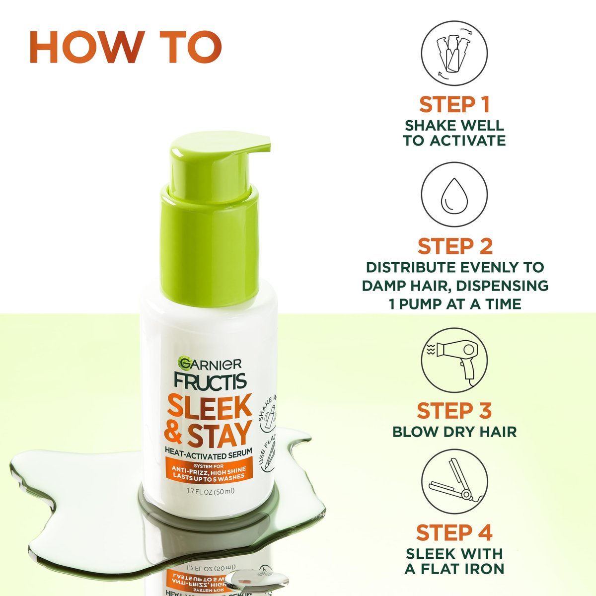 Garnier Fructis Sleek and Shine Sleek and Stay Hair Serum for Frizzy, Dry Hair - Heat Protectant with Alpha Silane, 1.7 Fl Oz - görsel 8