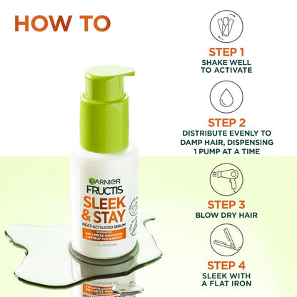 Garnier Fructis Sleek and Shine Sleek and Stay Hair Serum for Frizzy, Dry Hair - Heat Protectant with Alpha Silane, 1.7 Fl Oz